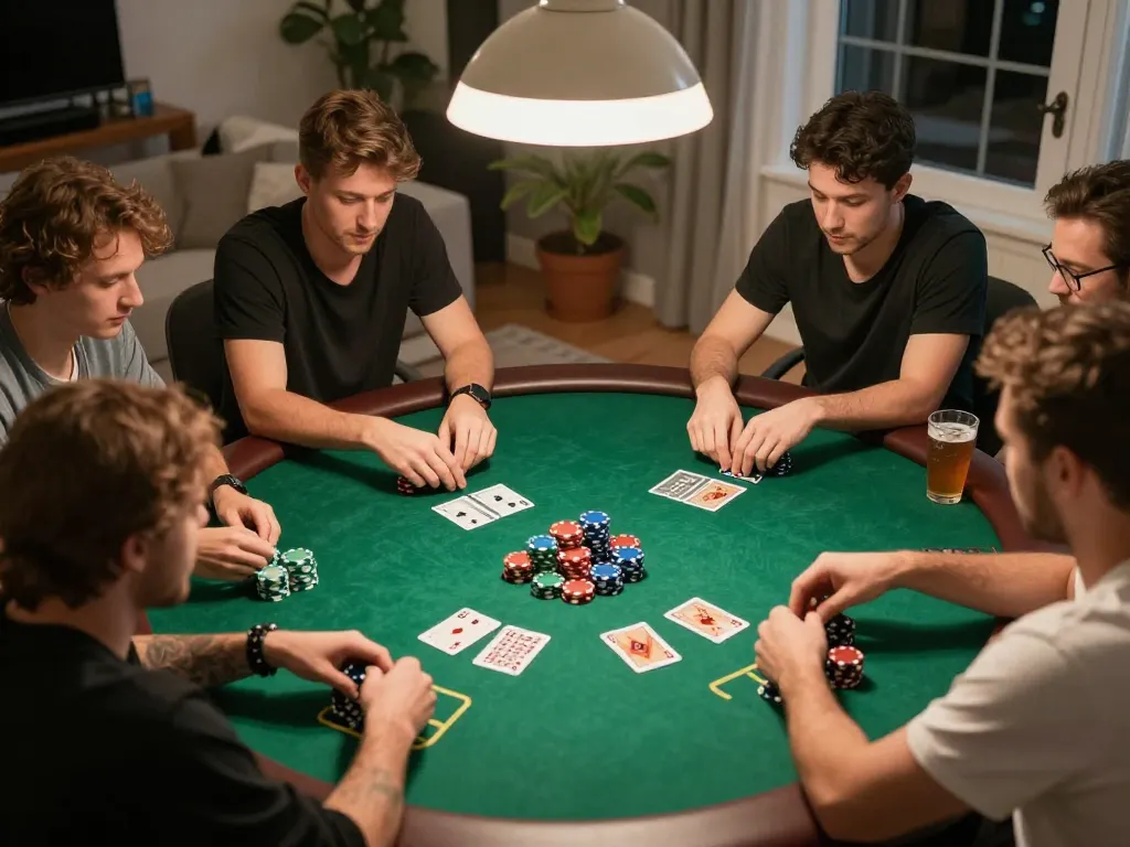 VA88 players strategizing in an engaging poker game at home, casual atmosphere.