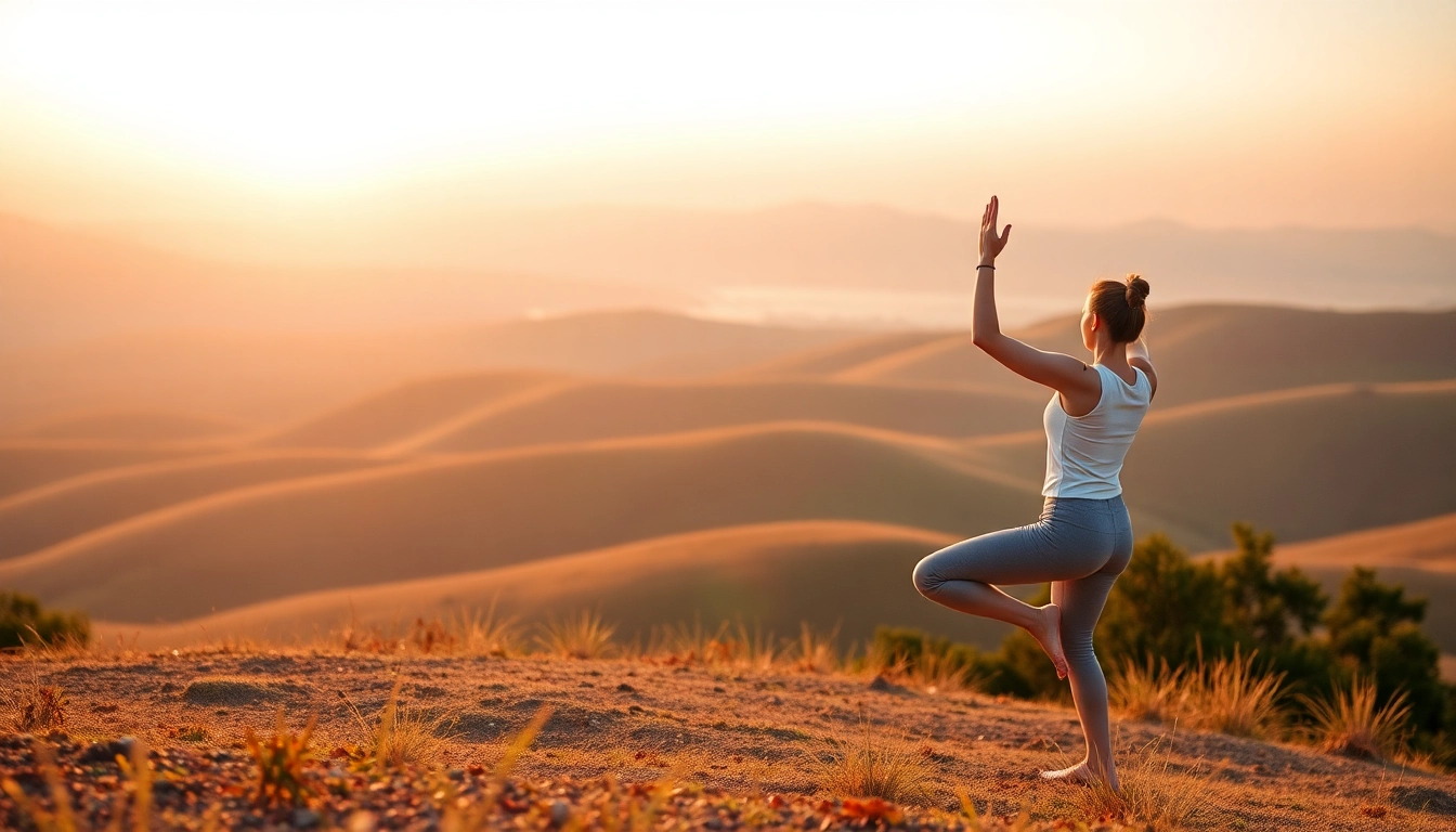 A young woman practices yoga to combat stress and anxiety in a serene sunrise landscape.