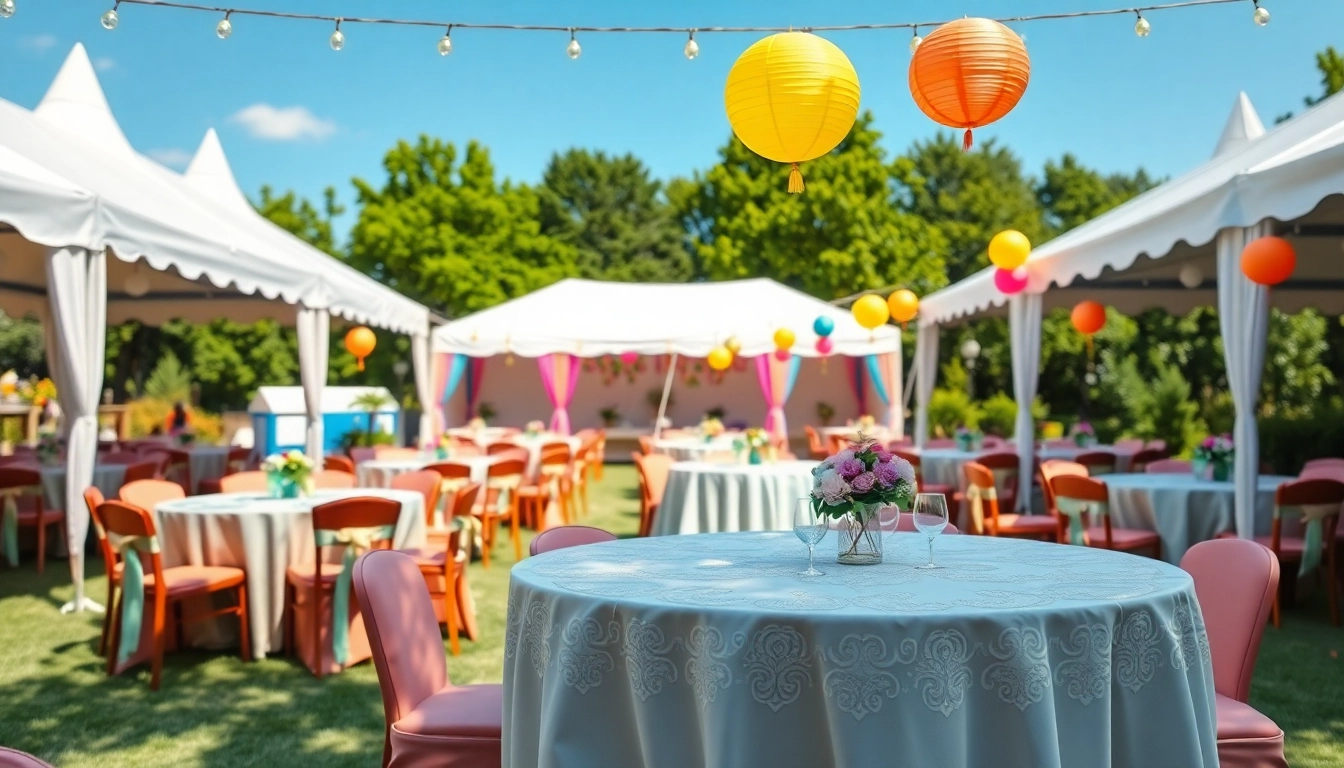 Celebrate with outdoor party rentals featuring elegant setup and vibrant decorations.
