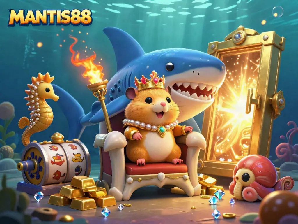 MANTIS88 shines as the golden hamster king rules over riches in a thrilling slot game scene.