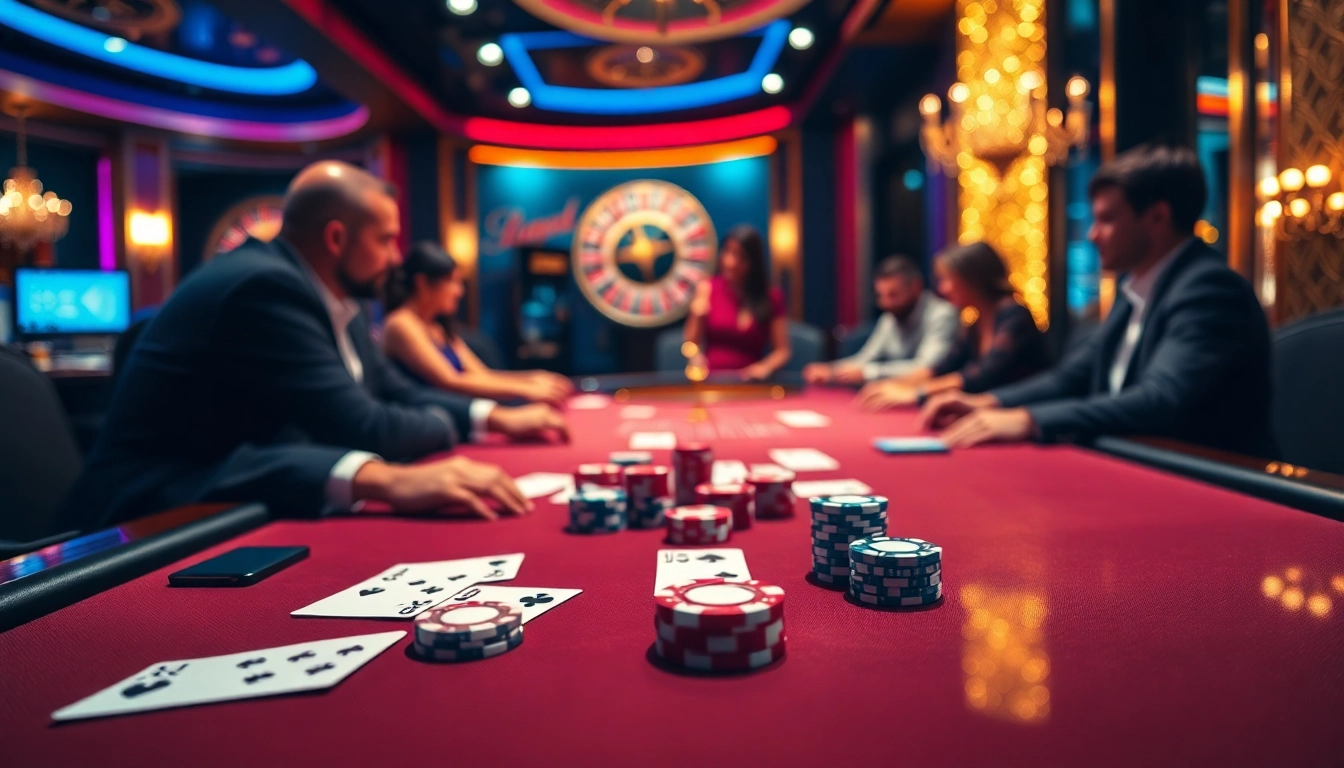 Players engaging in a thrilling poker game at a luxurious casino, showcasing Link LUCK8 excitement.