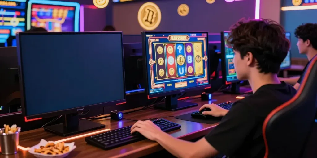 Excited gamer exploring qqmacan link online slots with vibrant visuals in a cozy setup.