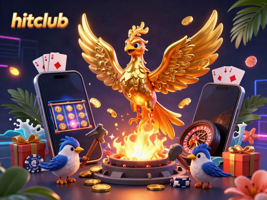 Experience the thrill of hitclub as golden coins and vibrant slot games come alive in this dynamic 3D scene.