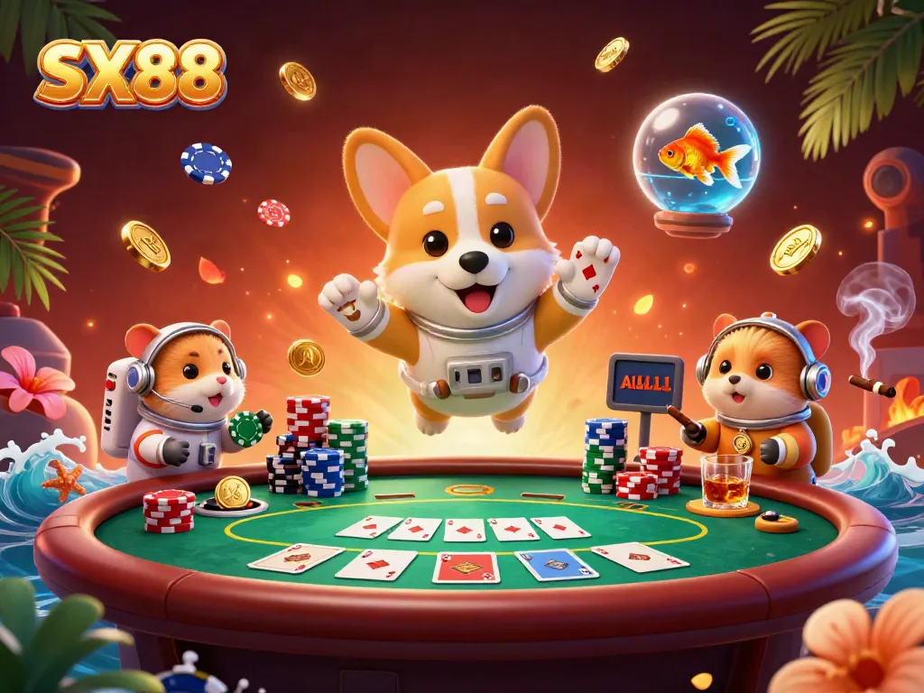 SX88 cartoon scene of an astronaut corgi floating in a casino with poker chips and gold coins