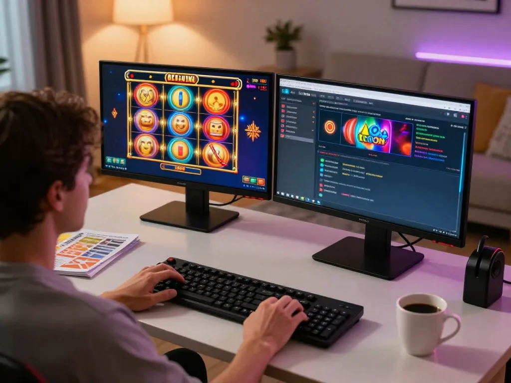 Player celebrating a win in an online casino with bonus new member offers displayed on screen