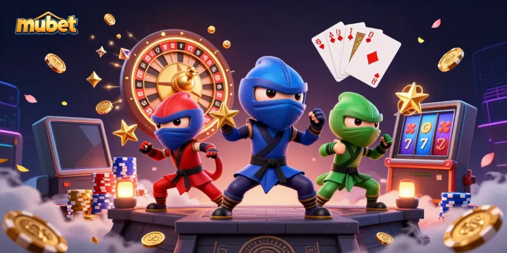 Engage in exciting mubet casino action with chameleon ninjas and vibrant game elements amidst a dynamic rooftop scene.