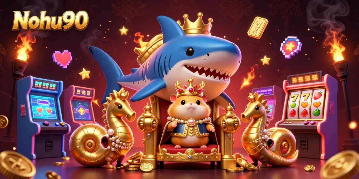 Nohu90 attracts players with a dynamic 3D casino scene featuring a golden hamster king on a megalodon throne amidst colorful slot game elements.