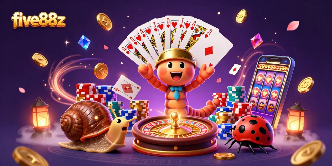 Experience the thrill of five88z with a vibrant 3D illustration featuring dynamic casino characters and game elements.