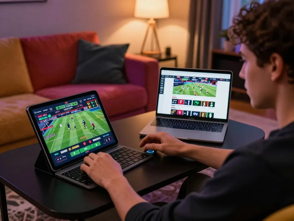 Person using tablet for sc88 online sports betting, focused on real-time odds and strategies in cozy home setting
