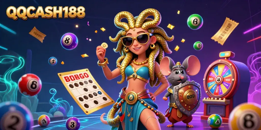 Experience the excitement of QQCASH188 with vibrant Medusa and casino games illustrated in a colorful gaming scene.
