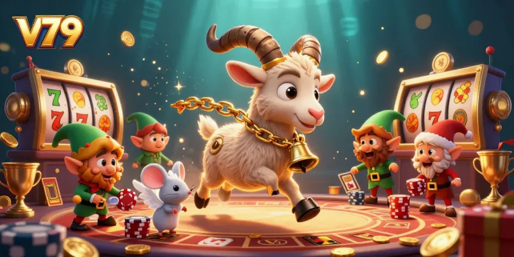 Engage in thrilling gameplay with v79's festive Krampus casino scene, featuring vibrant slot elements and animated characters.