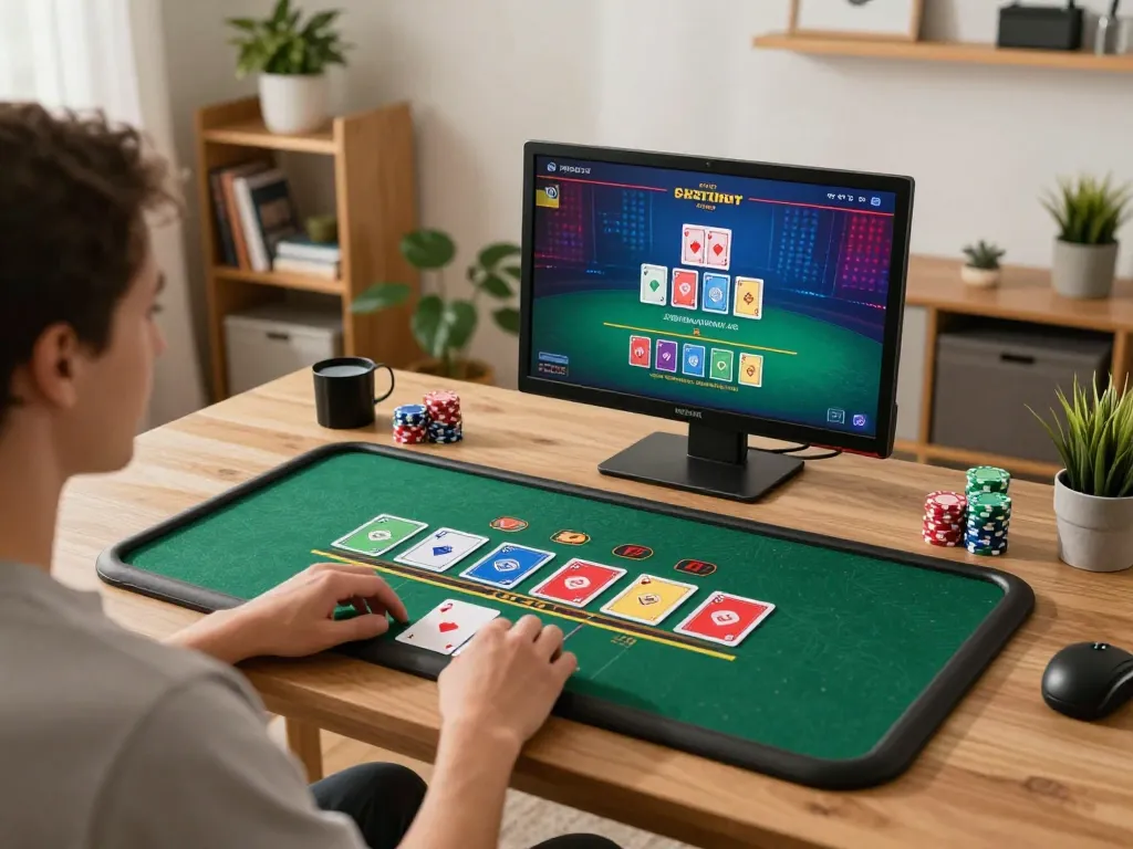 Player strategizing in an online casino game using the 789 app on a tablet amidst cozy home decor