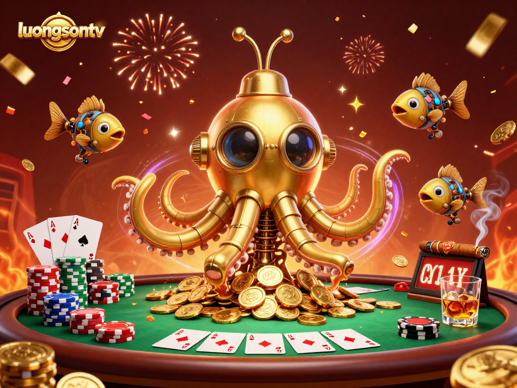 Engage with luongsontv's golden kraken and mechanical fish in a vibrant casino scene.