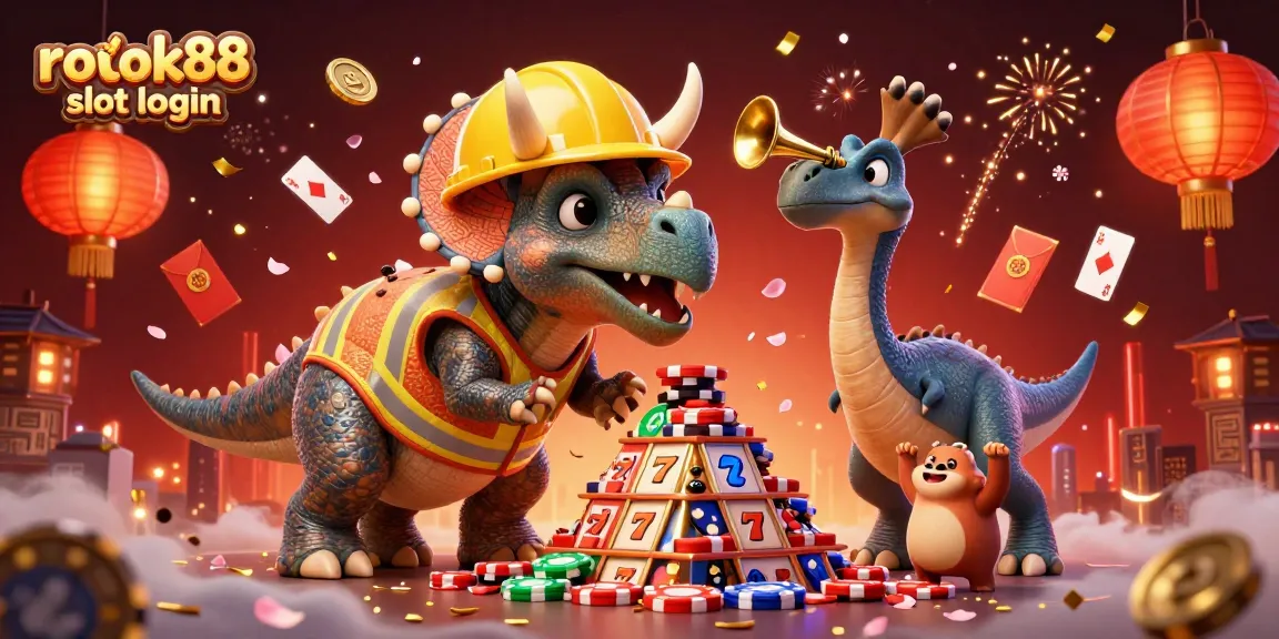 Engage with rokok88 slot login through vibrant 3D casino artwork showcasing triceratops building poker chip pyramids.