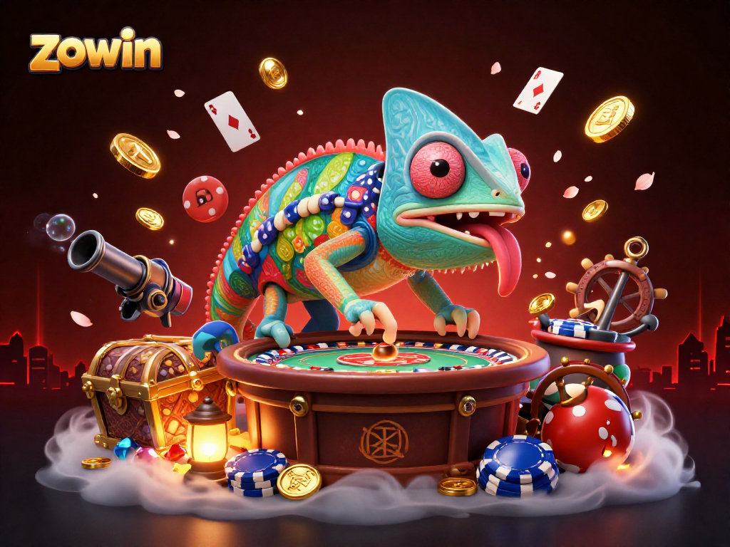 Zowin captivates players with a vibrant casino scene featuring a chameleon owner among gold coins and game elements.