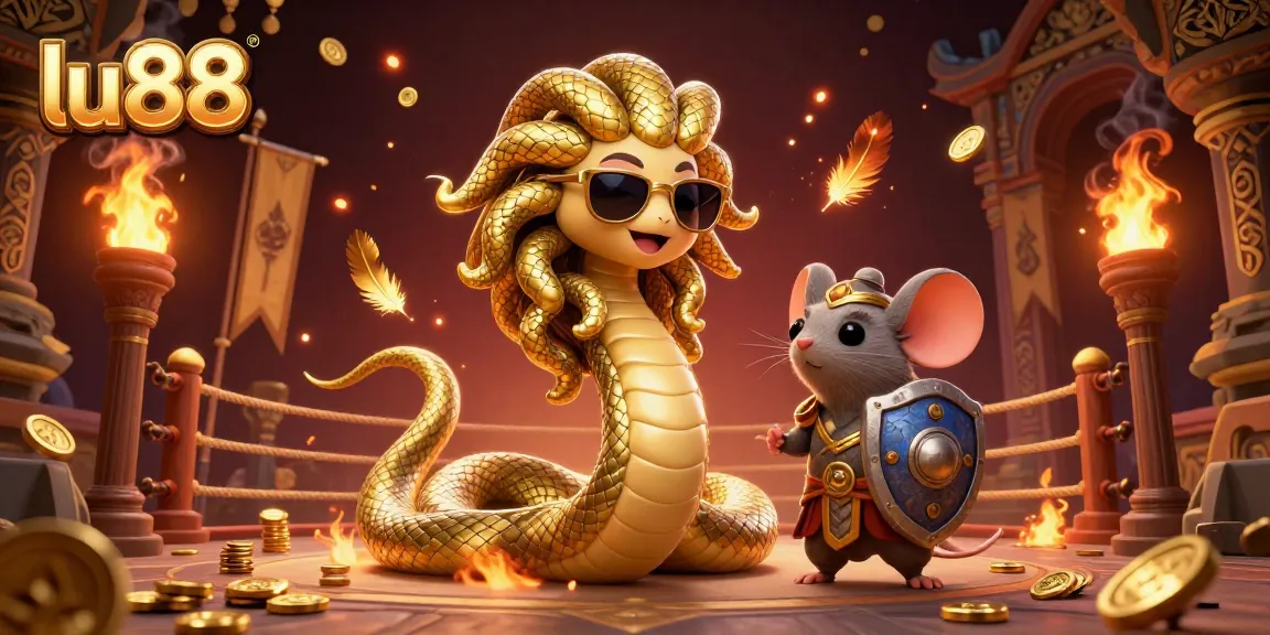Join the fun at lu88 with a vibrant 3D casino illustration of Medusa and a warrior mouse amidst golden tokens and betting action.