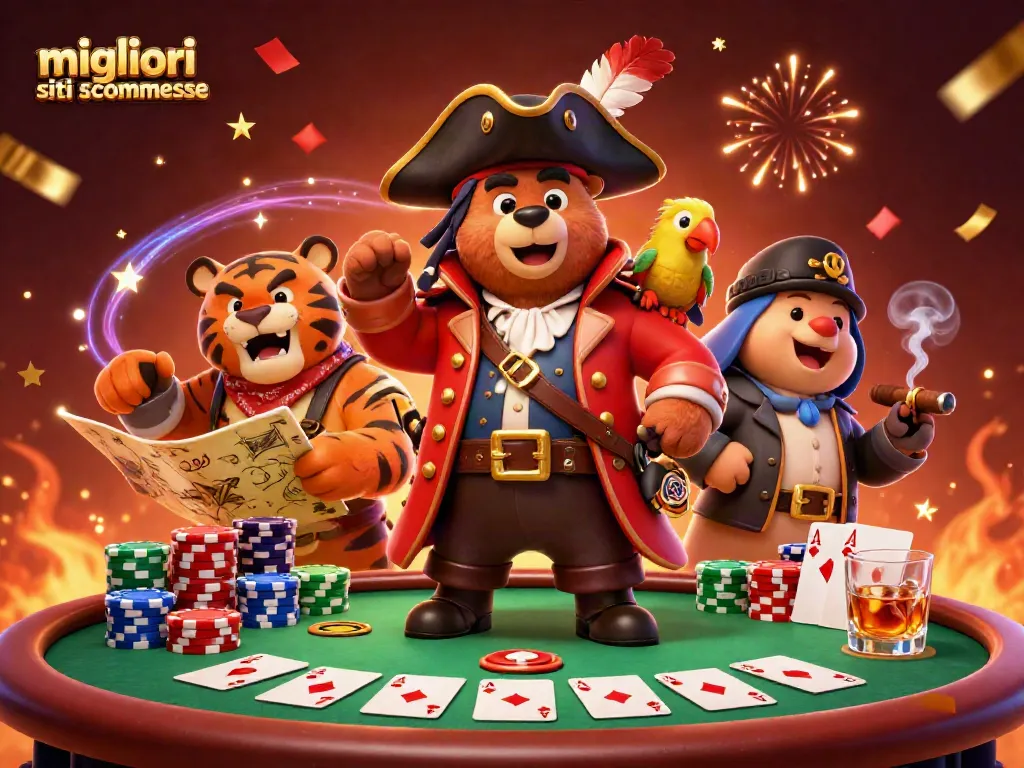 Scopri i migliori siti scommesse con questa illustrazione 3D ricca di dettagli e attività di poker.