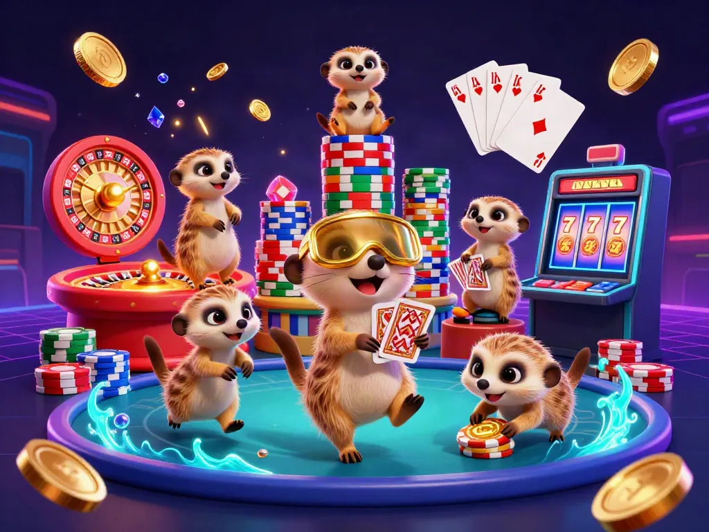 The 789 club casino scene features clever meerkats in a dynamic gaming operation as coins and gems cascade around.