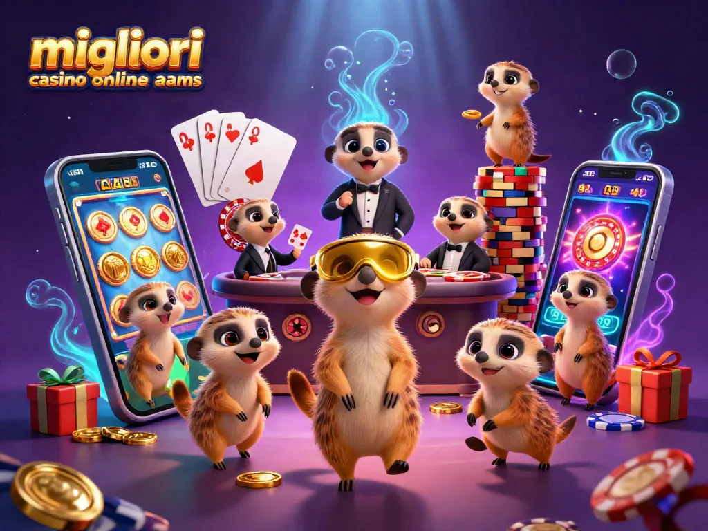 I migliori casino online AAMS mostrano un'illustrazione vivace di un gruppo di suricati gestendo un'operazione di casinò elaborata.
