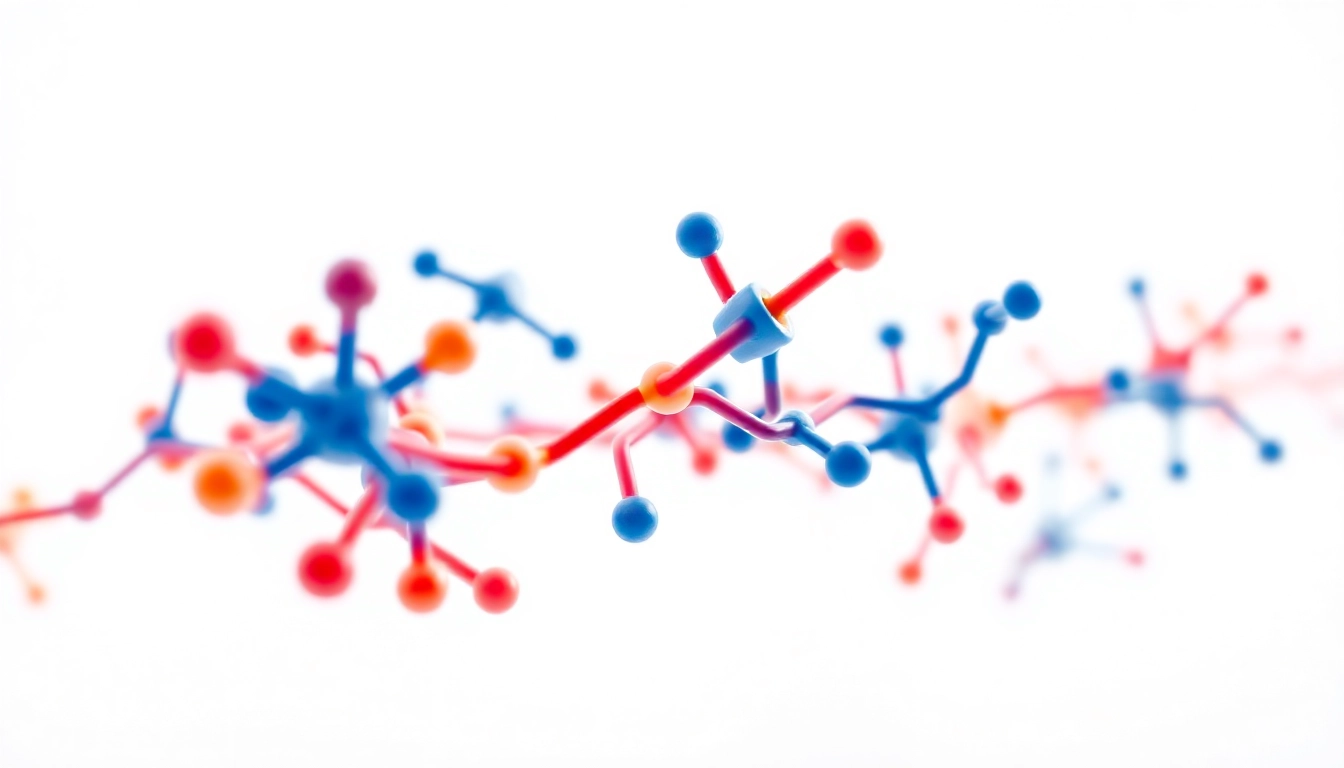 Peptides structurally represented in a lab environment, showcasing their complexity and vibrancy.