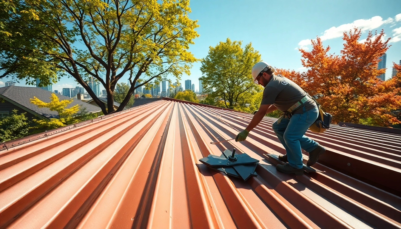 Installers securing quality metal roofing vancouver in an urban setting with vibrant greenery.