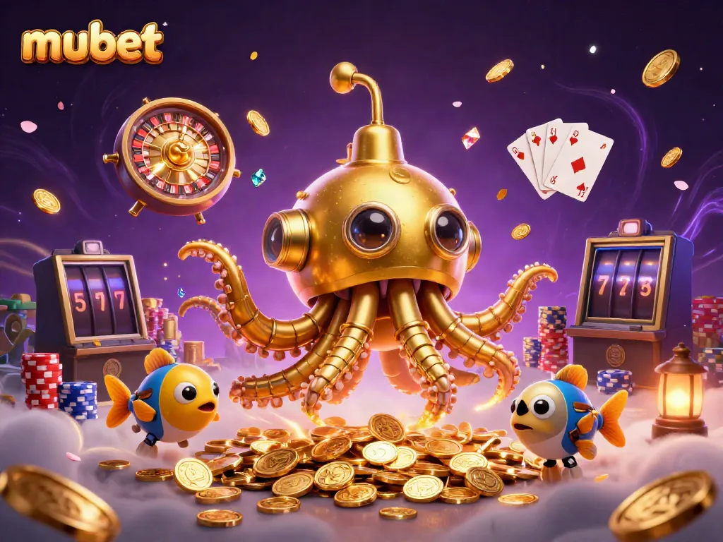 Experience exciting gameplay at mubet with a spectacular golden kraken submarine amidst casino treasures.