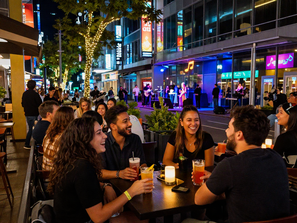 Group of friends enjoying rousing nightlife with rokok88 themed drinks in vibrant outdoor café setting