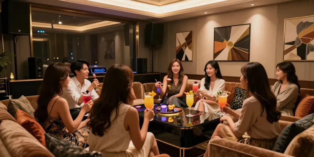 강남 세이렌 프리미엄 노래방에서 친구들과 즐거운 시간을 보내는 모습