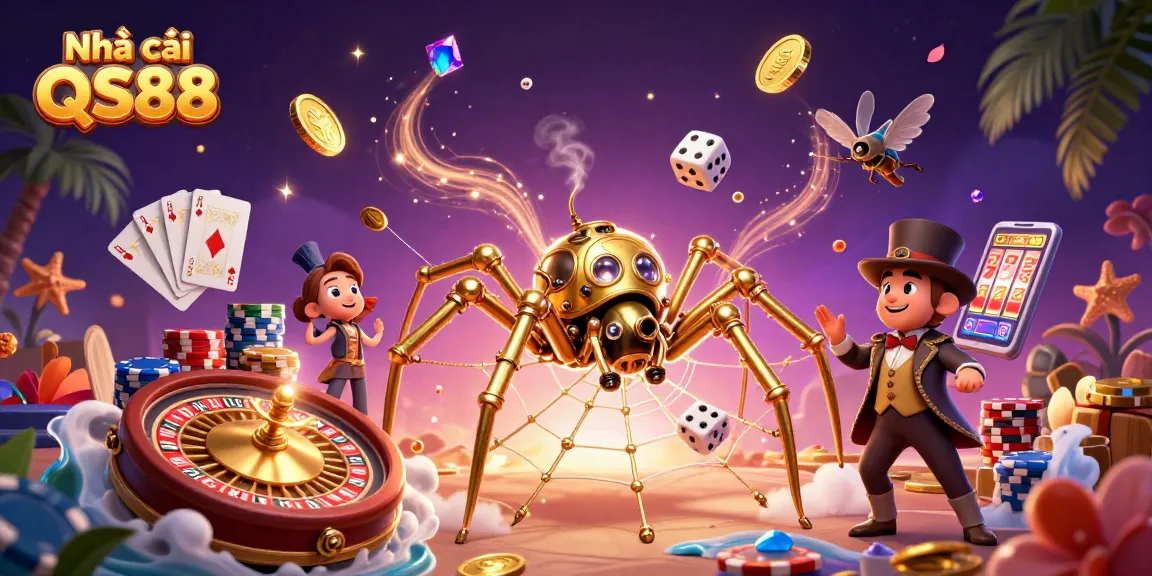 Engage with Nhà cái QS88, featuring captivating golden spider and dynamic casino elements.