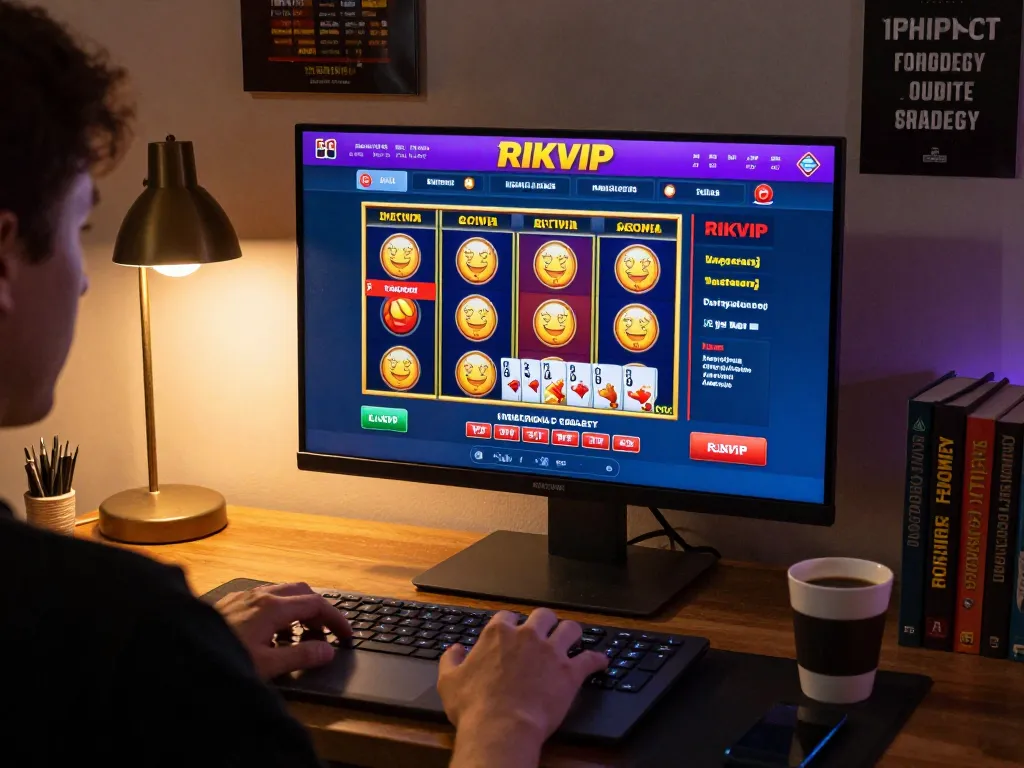 Player engaging with RIKVIP online casino on laptop, showcasing vibrant gaming interface and responsible entertainment.