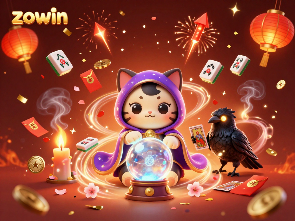 Zowin casino features a mystical fortune teller cat, tarot-dealing raven, and candles against a vibrant background.