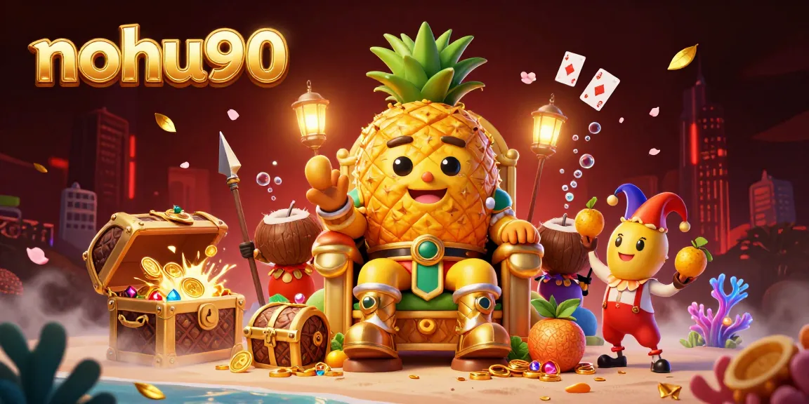 Nohu90 beach casino features a golden pineapple king and tropical elements, showcasing vibrant gaming excitement.
