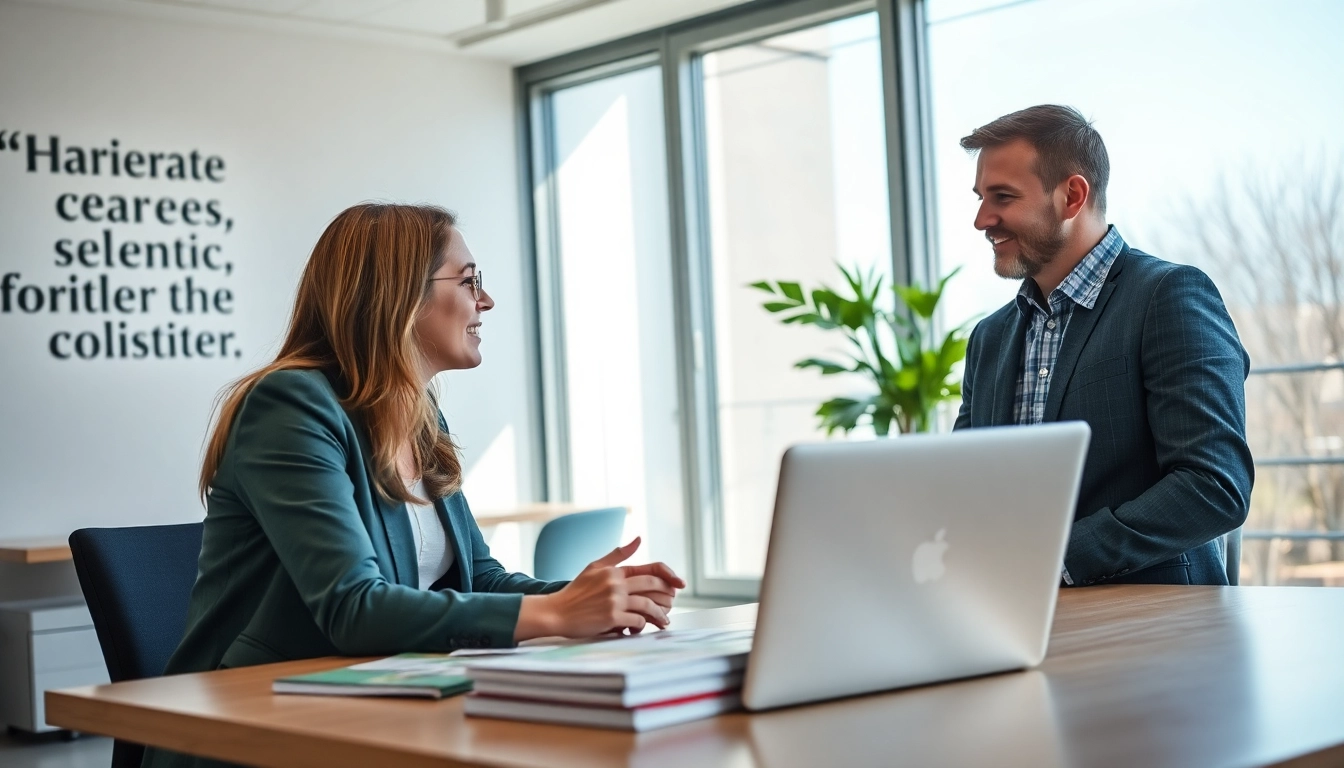 Career coaching session in a bright office illustrating engagement and professionalism.