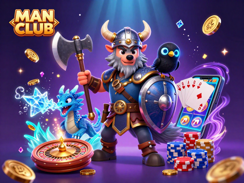Engage with the MAN CLUB scene featuring a Viking warrior, dragon, and treasures at a vibrant casino.