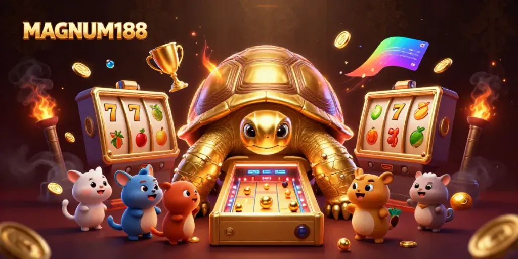 Experience the excitement of MAGNUM188 with a whimsical golden tortoise pinball machine surrounded by casino elements.