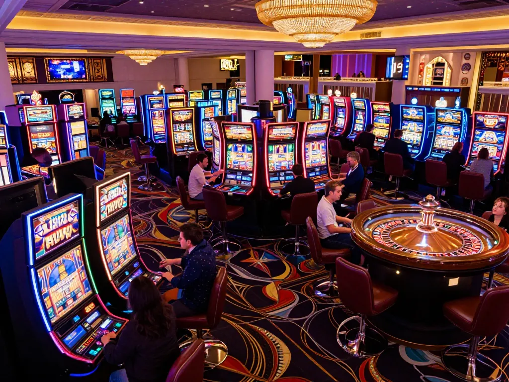 Exciting gaming action at bealiveandkicking's Vegas casino floor with colorful slot machines