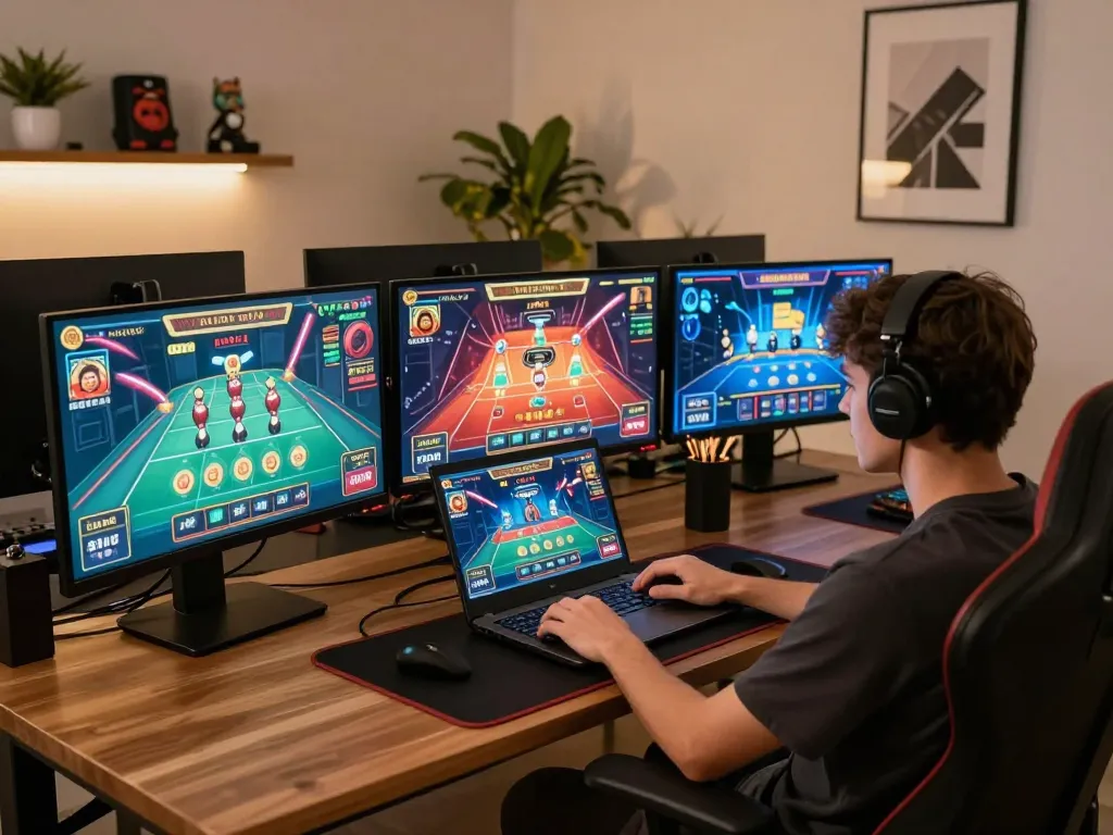 Engaging online gaming experience with tr88 interface displayed on multiple screens, showcasing dynamic casino game action.