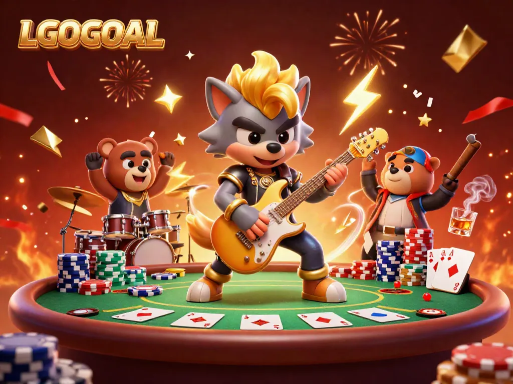 LGOGOAL showcases a vibrant casino scene featuring a rock star wolf and drummer bear in a lively performance.