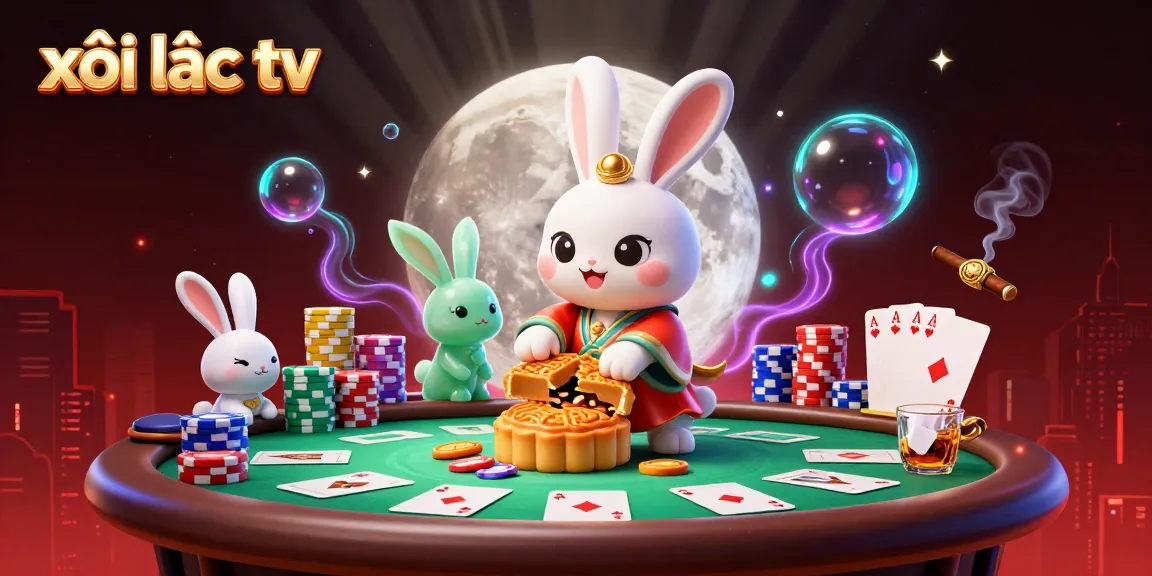 Xôi lạc tv promotes online gambling action with a cartoon moon rabbit amid poker chips and vibrant casino elements.