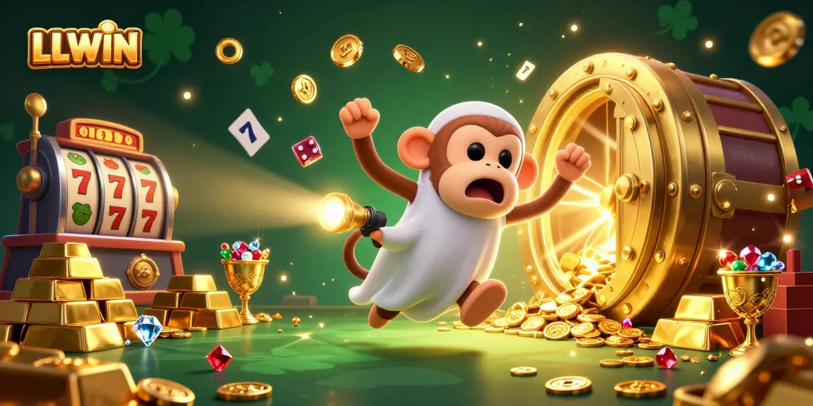 Experience thrilling gameplay at LLWIN with a chaotic casino scene featuring a playful poltergeist monkey.