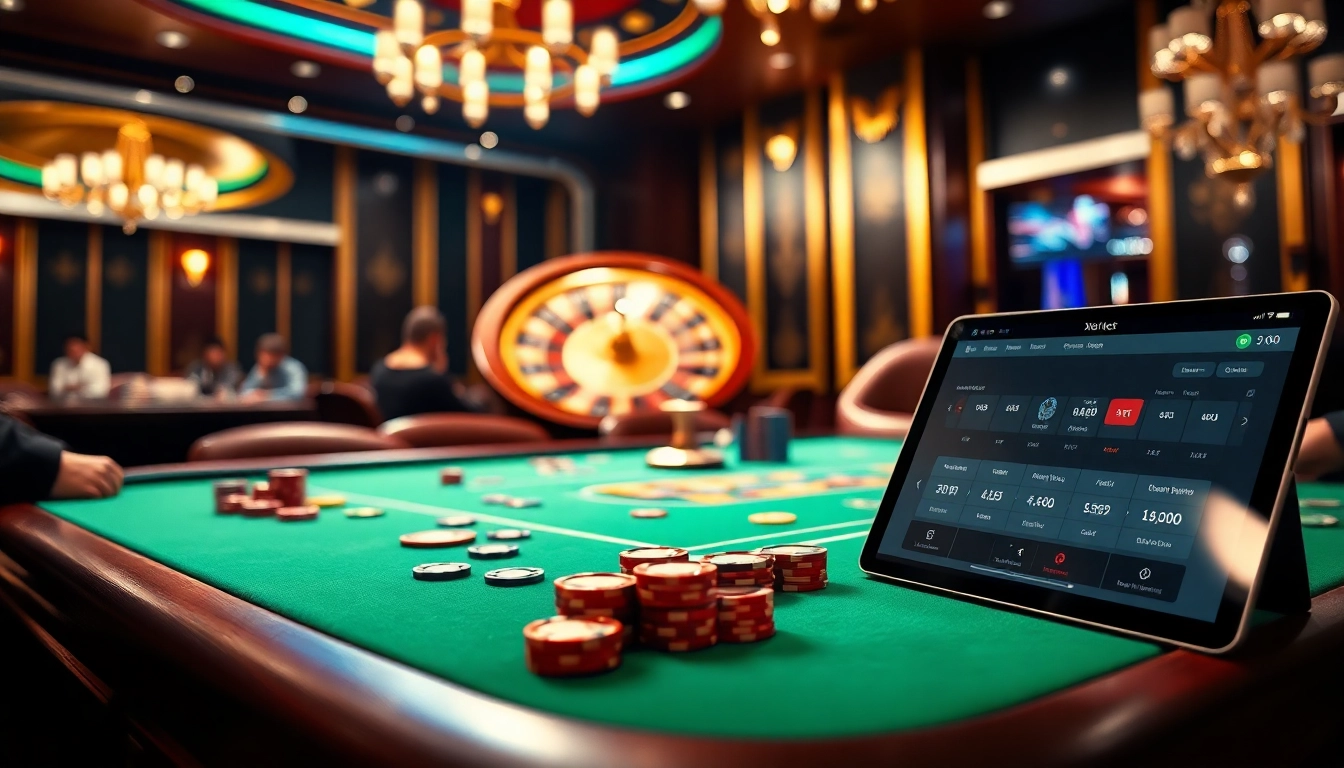 Watch thrilling Xôi lạc poker action at a luxurious casino with vibrant chips and a roulette wheel.