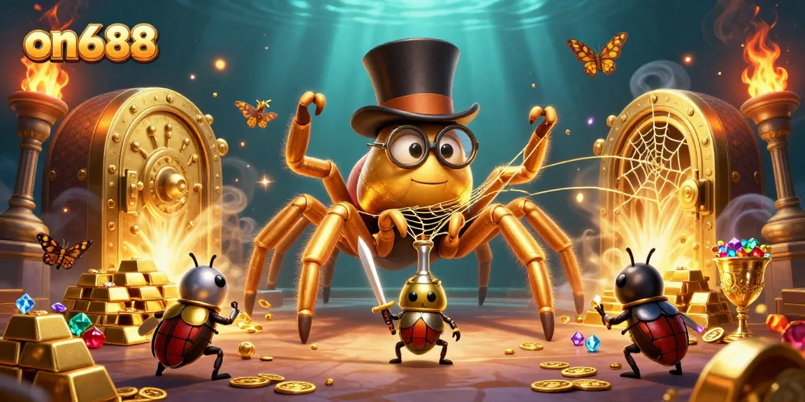 Experience the excitement of on688 with a vibrant 3D scene featuring a golden tarantula and beetle knight surrounded by treasures.