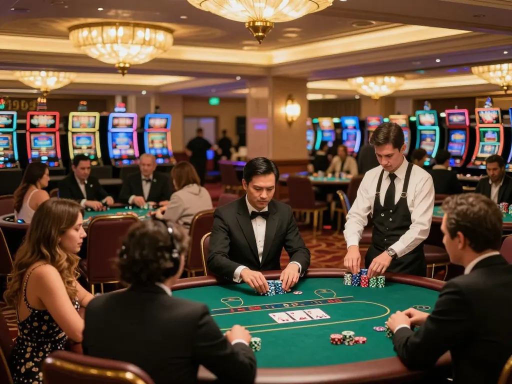Players engaged in exciting poker hands at the NHÀ CÁI F168 casino floor with vibrant atmosphere.
