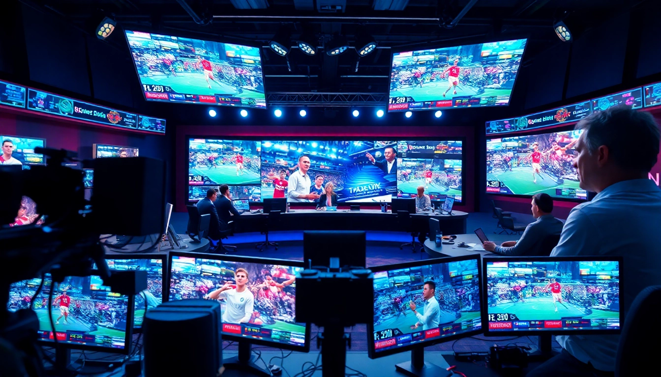 Dynamic sports broadcasting studio showcasing live commentary and advanced technology.