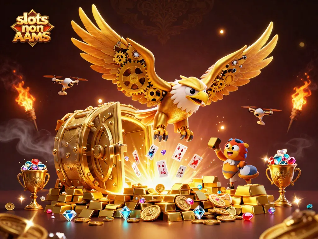 Le slot non AAMS si animano con un'aquila dorata e carte, rivelando jackpot scintillanti.