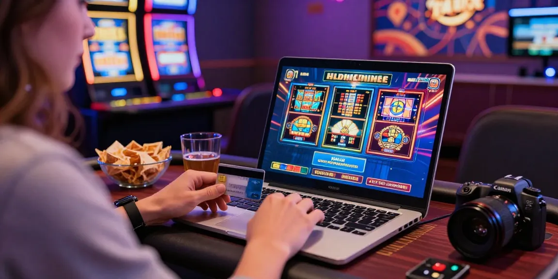 Engaged player at online casinos that accept credit cards enjoying gaming on a laptop with vibrant slot graphics.