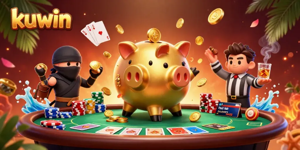 Kuwin features an engaging scene of a golden piggy bank sumo wrestler amidst vibrant casino elements.