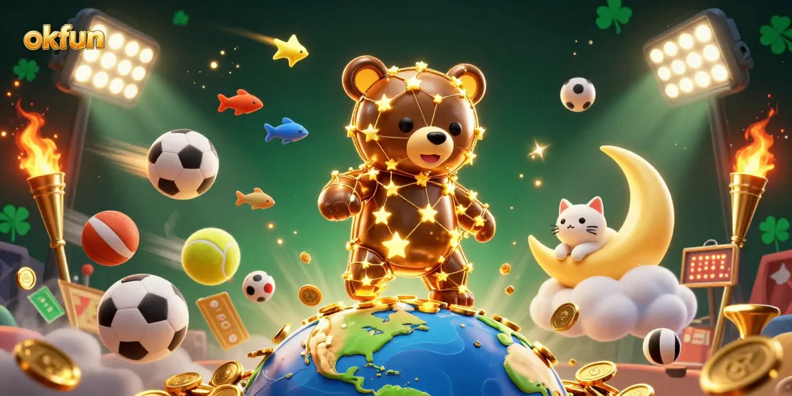 Engage with okfun, showcasing a vibrant casino scene featuring characters and dynamic gaming elements.