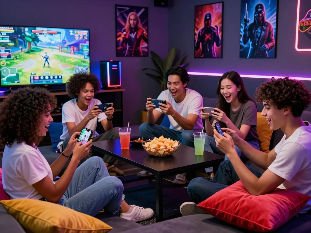 Group of friends joyfully playing mobile porn game in a vibrant gaming lounge.