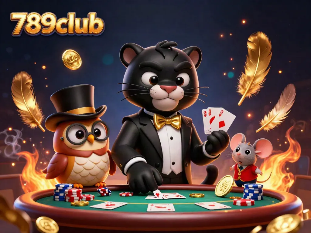Experience thrilling card games at 789club with a charismatic black panther dealer, owl, and mouse amidst a vibrant casino setting.